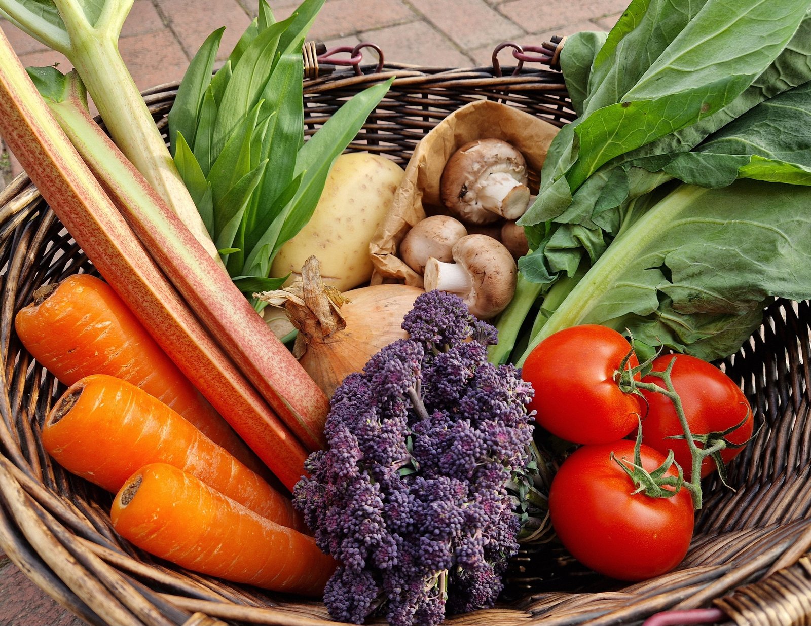 A basket of seasonal veg, photographed from above