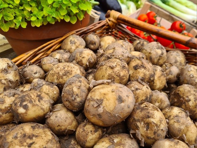 New potatoes heaped in a crate