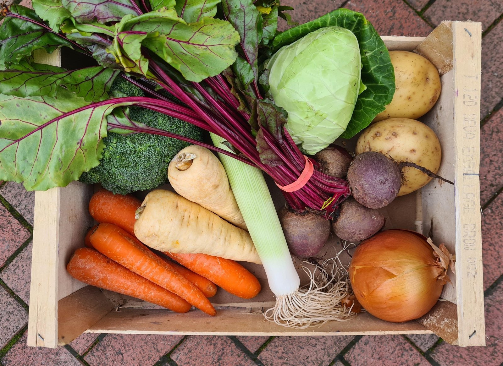 A crate of roots, beetroot and brassicas